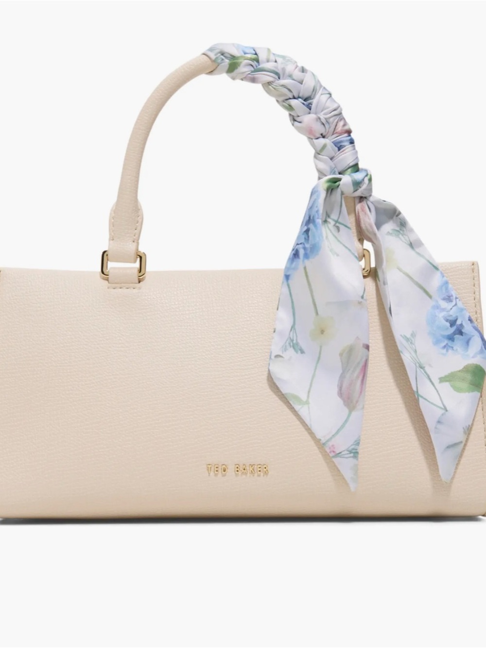 Ted Baker Cream Pebbled Top-Handle Satchel with Floral Scarf Accent
